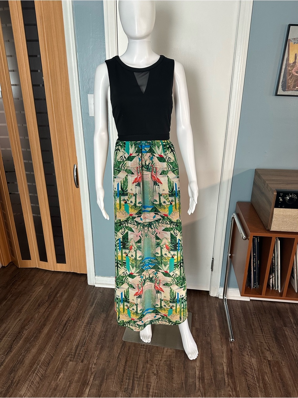 Nicole by Nicole Miller Black Top with Tropical Print Maxi Dress